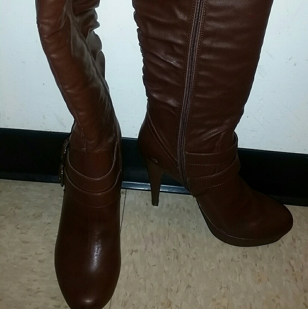 Brown Leather Knee High Heel Boots by Guess